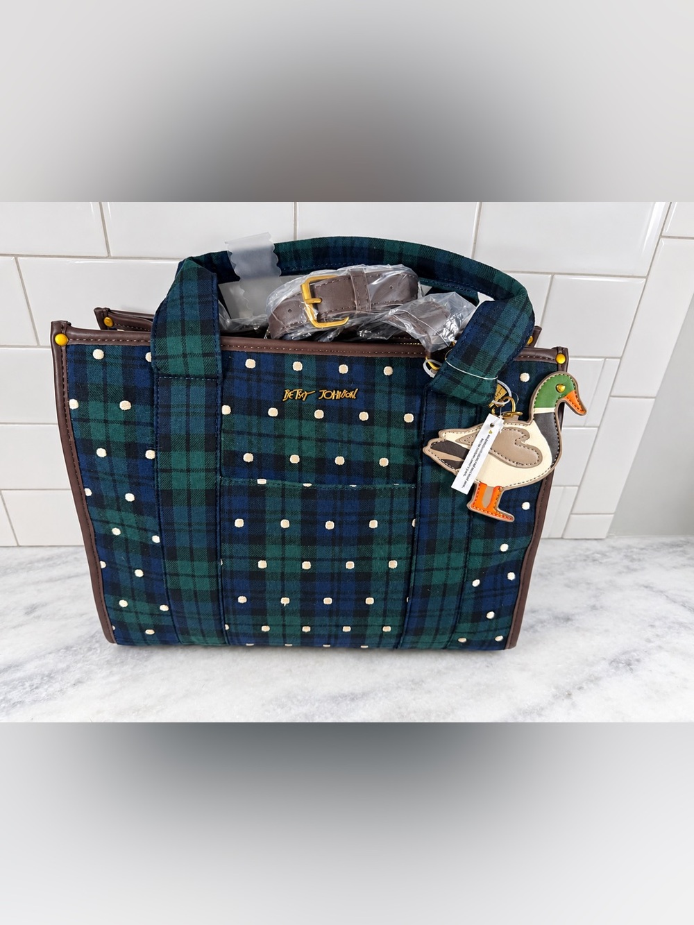 Betsey Johnson Green & Blue Plaid Tote with Mallard Duck Charm NWT